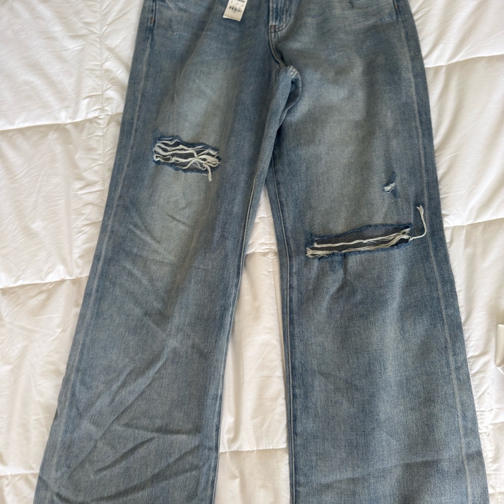 Express Light Blue Distressed Straight Leg Jeans
